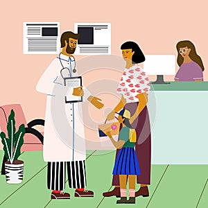 Doctor and patient medical concept. Doctor consulting  a woman with a child near the clinic reception at the hospital.