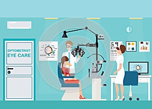 Doctor and patient at Ophthalmologist interior.