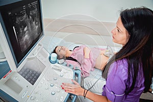 Doctor and patient. Ultrasound equipment. Diagnostics and sonography