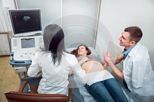 Doctor and patient. Ultrasound equipment. Diagnostics and Sonography