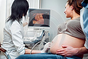Doctor and patient. Ultrasound equipment. Diagnostics and Sonography
