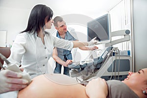 Doctor and patient. Ultrasound equipment. Diagnostics and Sonography