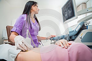 Doctor and patient. Ultrasound equipment. Diagnostics and sonography