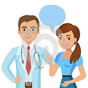 Doctor and patient. Woman talking to physician. Vector