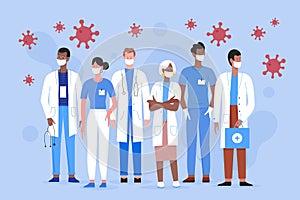 Doctor people medic team in medical masks standing together