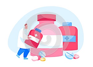 Doctor Pharmacist Character in Medical Robe Holding Pills Bottle with Scattered Medication Tablets around