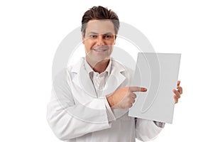 Doctor pharmacist holds brochure, sign, fact sheet