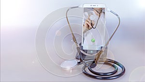 Doctor through a phone screen using a stethoscope, an online patient communication network.