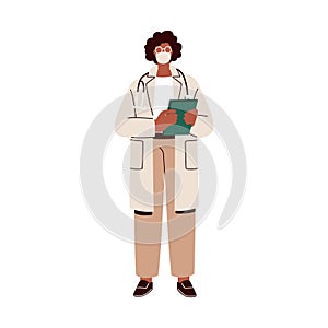 Doctor, physician in hospital uniform. Medic, general practitioner standing, holding clipboard, documents in hand