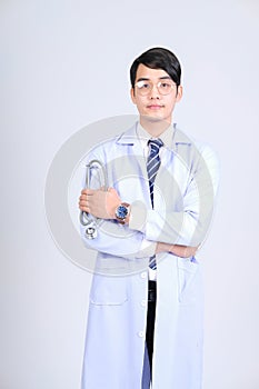 Doctor physician practitioner with stethoscope on white background. medical healthcare concept