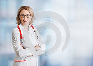 Doctor or physician woman over abstract medical