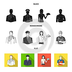 The doctor, the pilot, the waitress, the builder, the mason.Profession set collection icons in black, flat, monochrome
