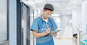 Doctor, planning and writing in documents, medical checklist or charts for hospital notes or clinic service. Healthcare