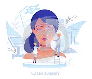 Doctor plastic surgeon drawing incision lines on female face, vector illustration. Plastic surgery. Facial contouring.