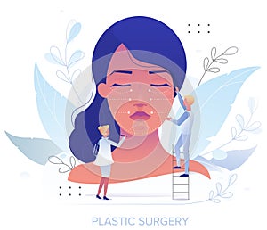 Doctor plastic surgeon drawing incision lines with marker on female face, vector illustration. Plastic aesthetic surgery
