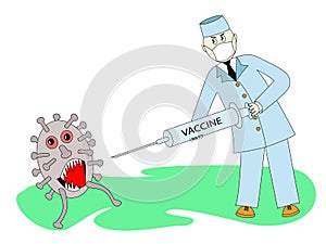 Doctor pointed syringe with vaccine against coronavirus at virus. Coronavirus retreats