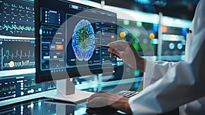 A Doctor Pointing At Desktop Computer Monitor With CT Scan Results Of Human Brain