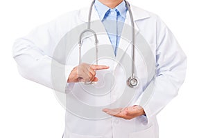 Doctor pointing finger on empty hand.