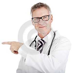 Doctor pointing to the left while looking ahead