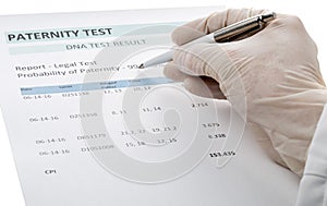 Doctor points at result on paternity test result form photo