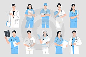 Doctor portraits. Cartoon medical practitioners in blue and white uniform and with stethoscopes, medical clinic doctors