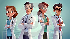 Doctor posters with cartoon illustrations of white coats. Modern flyers with cartoons of pediatricians, doctors