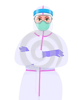 Doctor in PPE suit wearing medical mask, face shield and eyeglasses. Female physician with crossed arms. Surgeon with Personal