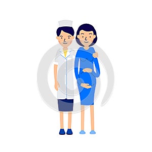 Doctor and pregnant. Nurse or physician standing next to pregnant woman, hugging her shoulders. llustration of people characters