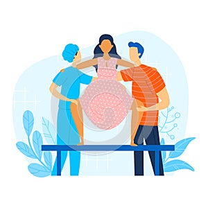 Doctor with pregnant woman character and family, vector illustration. Pregnancy health care for woman cartoon people at