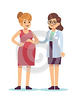 Doctor and pregnant woman. Young female character talking with physician in hospital, medical examination in clinic