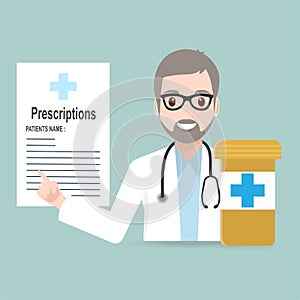 Doctor with Prescriptions and pills icon.