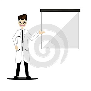 Doctor on presentation. Doctor with clipboard giving medical presentation.Vector