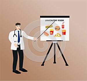 Doctor presentation unhealthy food on screen concept