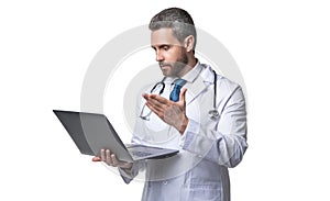doctor presenting ehealth on background. photo of ehealth and doctor man with laptop.