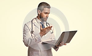 doctor presenting ehealth on background. photo of ehealth and doctor man with laptop.