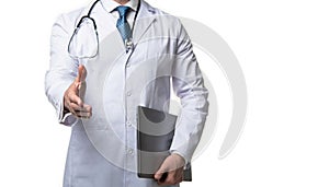 doctor presenting emedicine on background, advertisement.