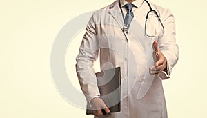 doctor presenting emedicine on background, advertisement.