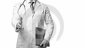 doctor presenting emedicine on background, advertisement.