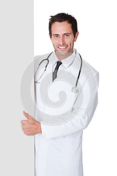 Doctor presenting empty banner