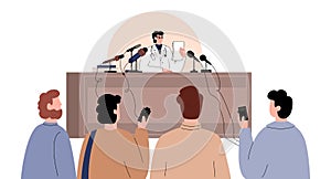 Doctor at press conference making announcement or tell news about Coronavirus or COVID pandemic. Vector illustration.