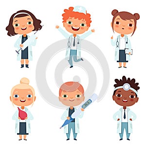 Doctor profession. Childrens in different poses