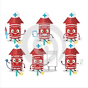 Doctor profession emoticon with red rocket firework cartoon character