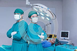 Doctor Professor Smiling surgeon crossing his arms while standing in a surgical room