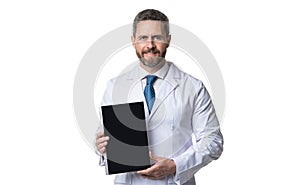 doctor promoting ehealth isolated on white. doctor offering ehealth in studio.