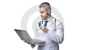 doctor promoting ehealth isolated on white, healthcare. doctor offering ehealth in studio.