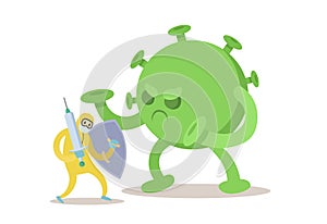 Doctor in protecting costume fighting with big green virus monster. Fight covid-19 coronavirus, coronavirus outbreak