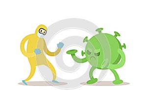 Doctor in protecting costume fighting with big green virus monster. Fight covid-19 coronavirus, coronavirus outbreak