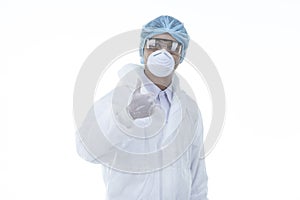 Doctor with protective clothing showing thumb up