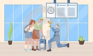 Doctor in protective suit checking temperature of travelers vector flat illustration.