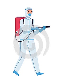 Doctor in protective suit fumigating